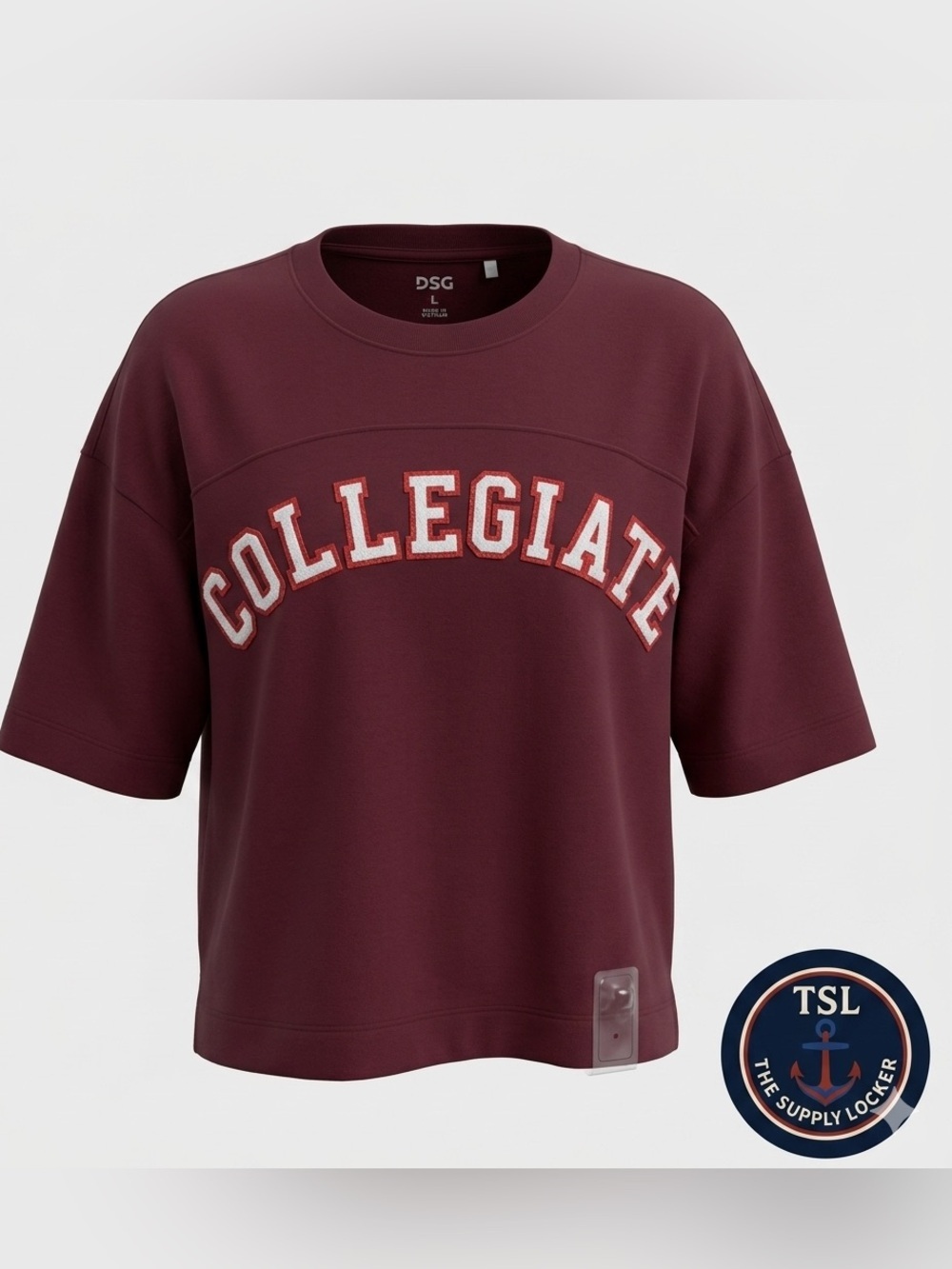 DSG Collegiate Tee Womens Large Burgundy Boxy Fit Graphic Shirt NWT